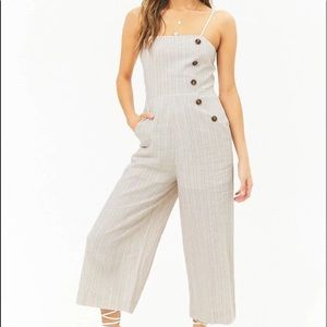 Striped Linen-Blend Button Palazzo Jumpsuit